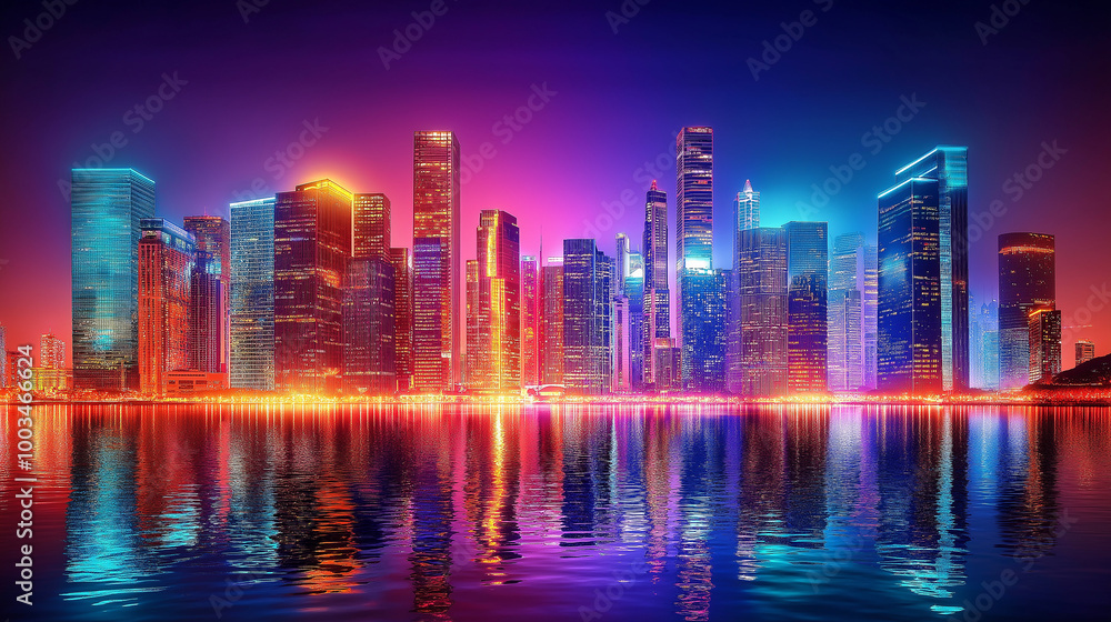Fototapeta premium Modern city skyline reflecting on water at dusk