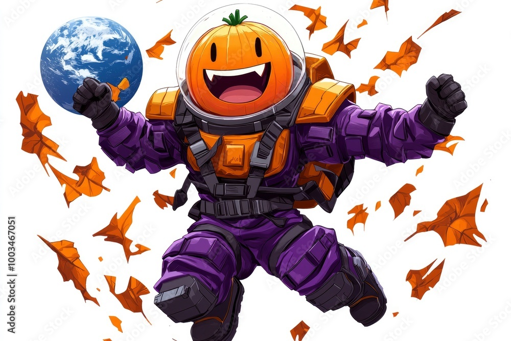 Pumpkin Astronaut Soaring Through Space with Earth in Background Pumpkin Astronaut Soaring Through Space with Earth in Background