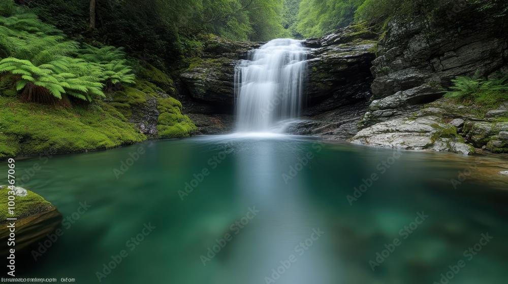 Serene waterfall cascading into a tranquil pool surrounded by lush greenery. Serene waterfall cascading into a tranquil pool surrounded by lush greenery.