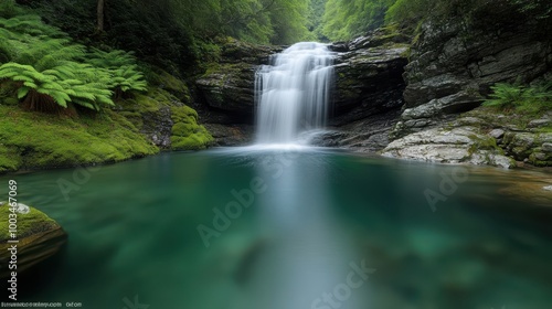 Serene waterfall cascading into a tranquil pool surrounded by lush greenery.