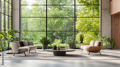 Modern living room with large windows overlooking a lush green forest.