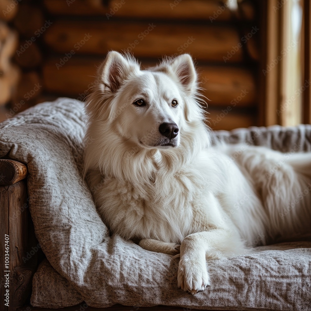 White swiss shepherd dog lying on a sofa in a wooden house White swiss shepherd dog lying on a sofa in a wooden house