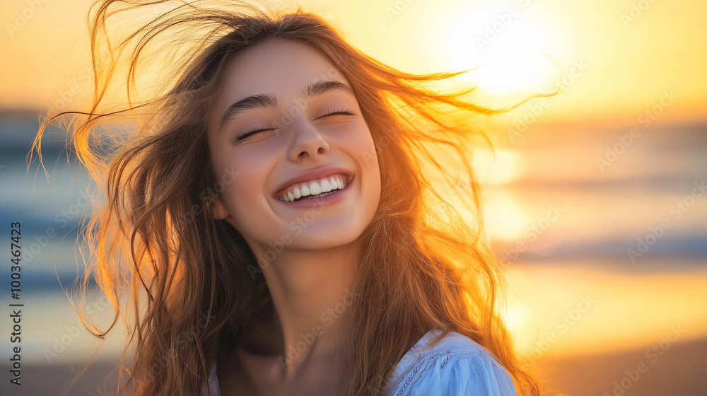 Happy woman enjoying the sunset on the beach with hair blowing in wind Happy woman enjoying the sunset on the beach with hair blowing in wind