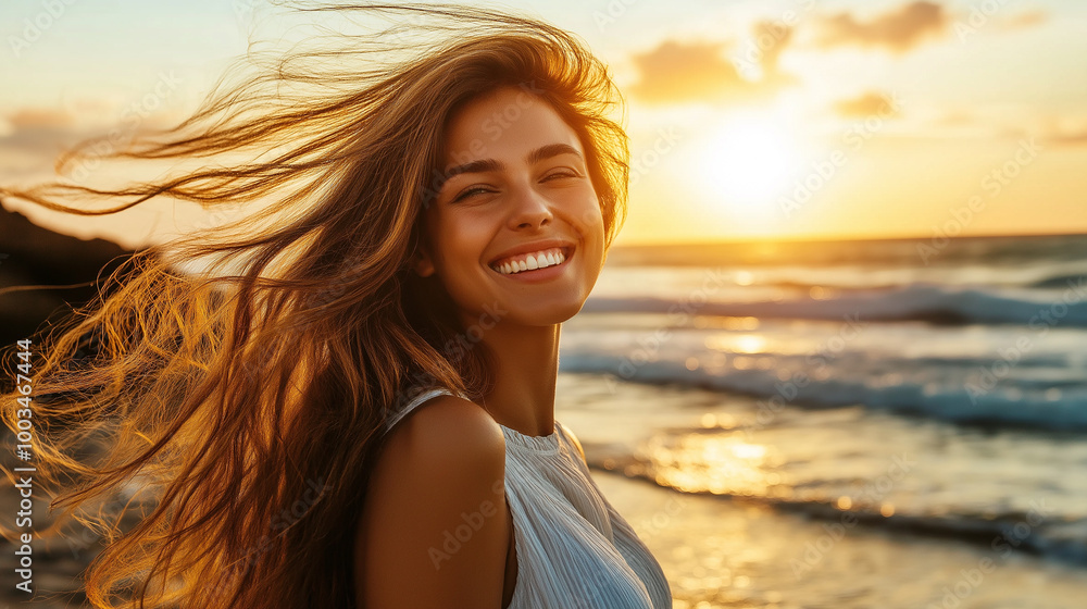 Beautiful woman with long hair smiling at sunset on the beach