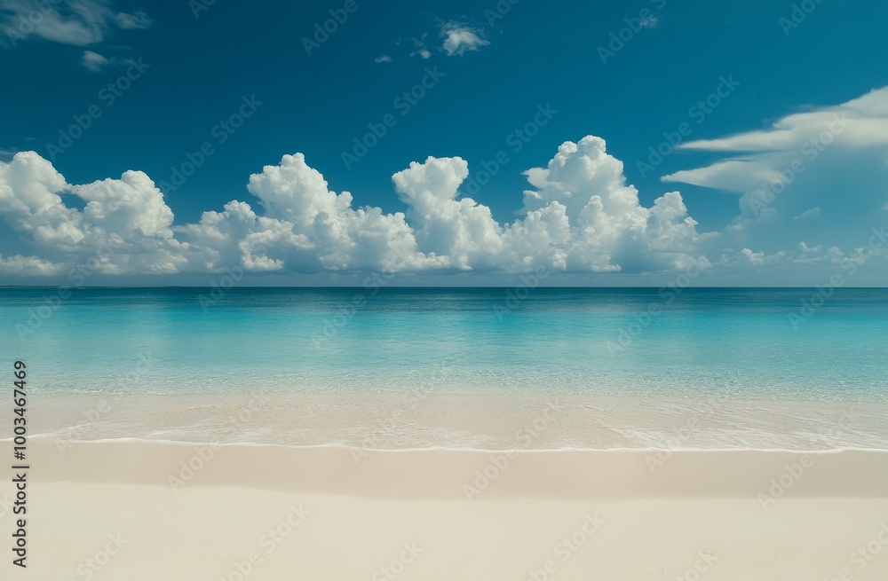 Tranquil beach scene with soft, white sand, gentle waves, and a clear blue sky with fluffy clouds.
