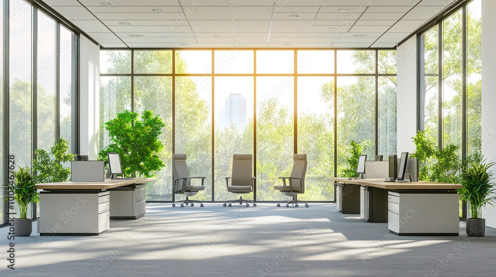 Fototapeta premium Modern office interior with large windows overlooking a city skyline and trees, desks with chairs, and plants.