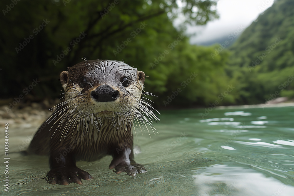 Curious otter emerging from water in natural habitat Curious otter emerging from water in natural habitat
