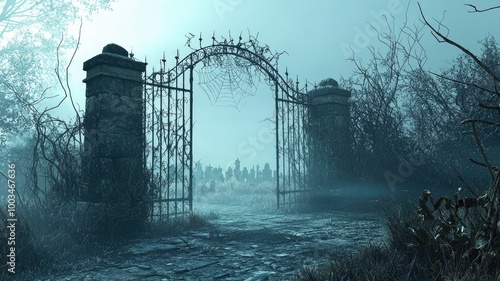 An old, rusted iron gate with a cobweb stands ajar, revealing a fog-filled cemetery beyond.