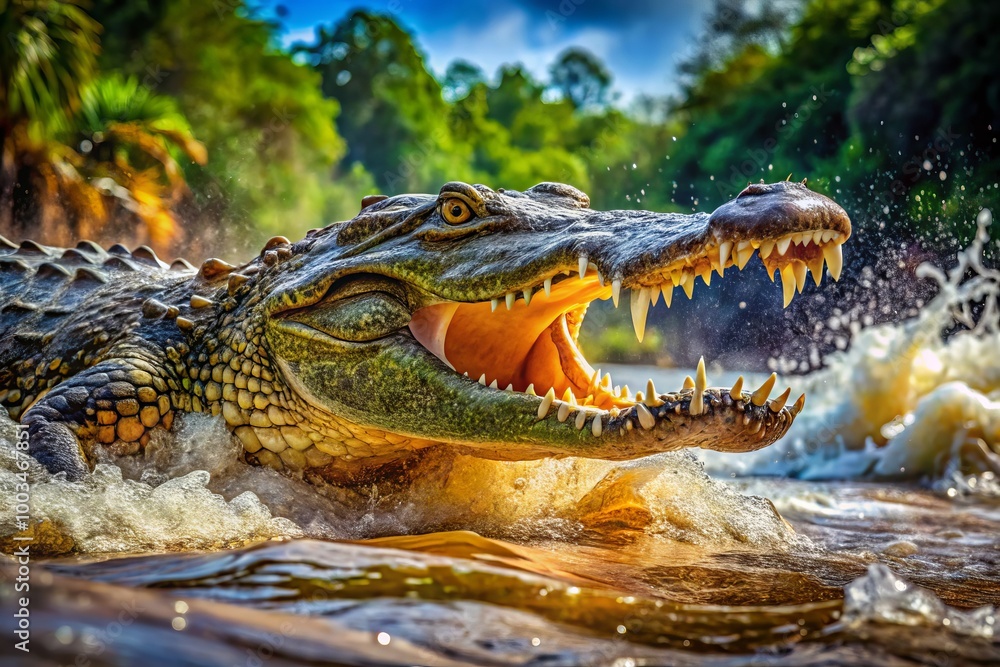 Fototapeta premium Fierce crocodiles hunt in the wild rivers, showcasing their natural predatory instincts as they stealthily pursue their