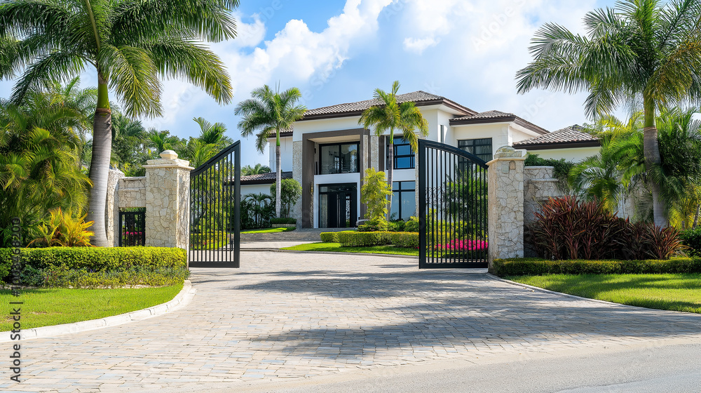 Big modern house with open gates revealing property Big modern house with open gates revealing property