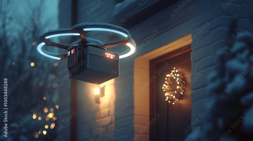 A drone delivering a package to a house covered in snow at night with a lit-up Christmas wreath on the door. A drone delivering a package to a house covered in snow at night with a lit-up Christmas wreath on the door.