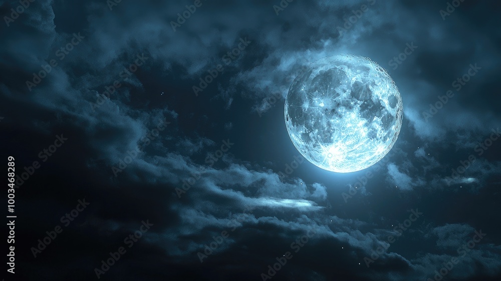 Fototapeta premium Full Moon Shining Through Dark, Cloudy Night Sky