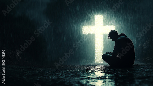 Man praying under glowing cross in the rain