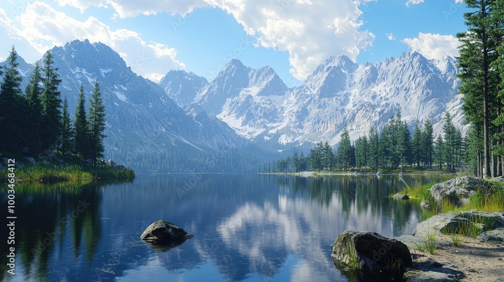 Obraz premium Serene Mountain Lake with Snow-Capped Peaks and Evergreen Trees