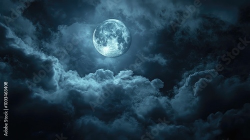 Full Moon Shining Through Dark Clouds in a Night Sky