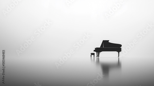 Black grand piano reflecting on white background
