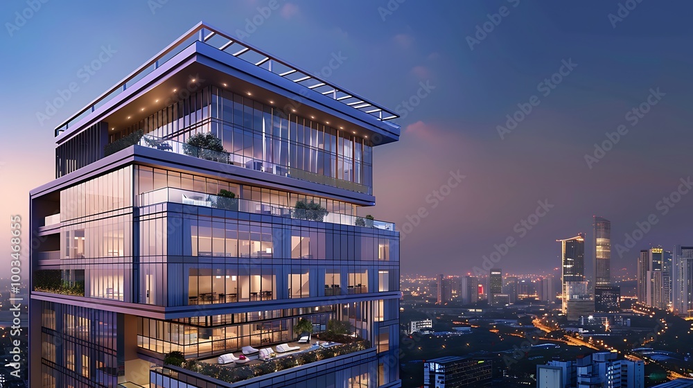 A luxury high-rise building with a sleek glass exterior and a rooftop terrace offering panoramic views. A luxury high-rise building with a sleek glass exterior and a rooftop terrace offering panoramic views.