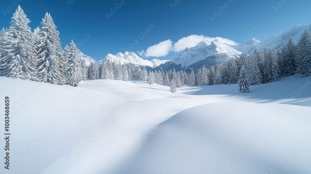 Snow-covered landscape with trees under clear blue sky and mountains in background. Snow-covered landscape with trees under clear blue sky and mountains in background.