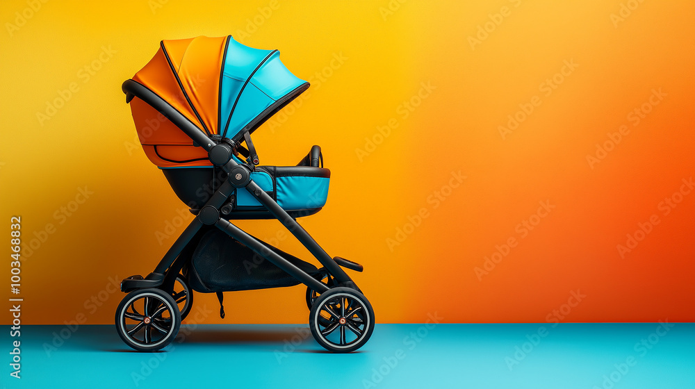 Modern baby stroller standing on colorful background Modern baby stroller standing on colorful background