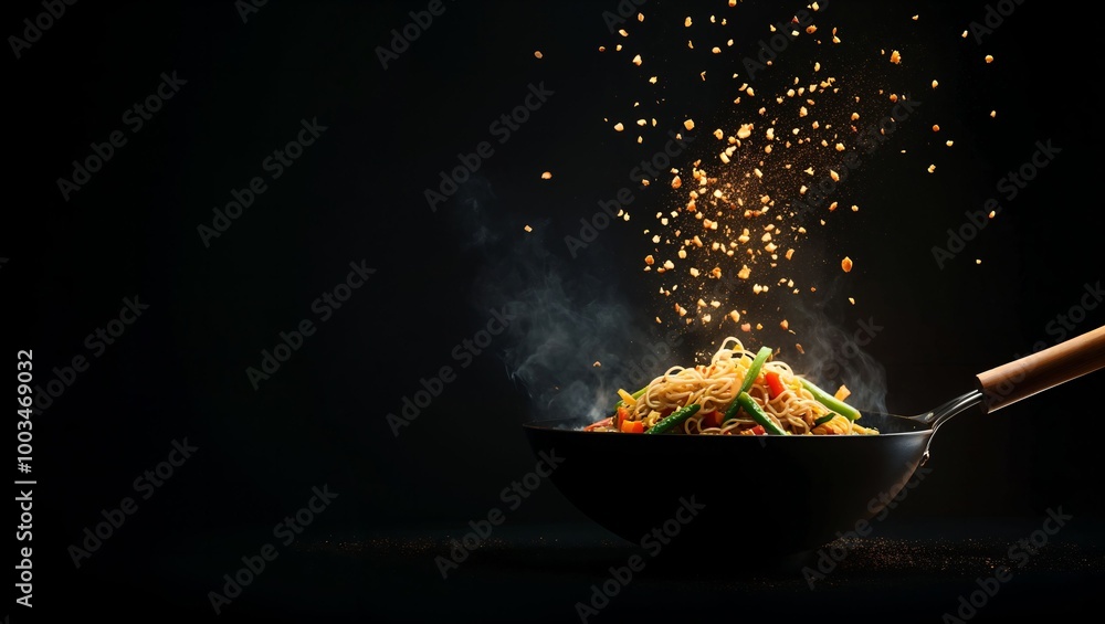 A sizzling stir-fry captures the essence of culinary mastery, showcasing vibrant vegetables and noodles artistically tossed in a black wok amidst a dramatic backdrop. A sizzling stir-fry captures the essence of culinary mastery, showcasing vibrant vegetables and noodles artistically tossed in a black wok amidst a dramatic backdrop.