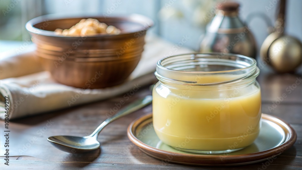 Desi Ghee (Clarified Butter) in a Glass, Copper Container, or Ceramic Jar with a Spoon, Set Against a Simple Background for Culinary and Traditional Indian Food Imagery (Selective Focus)
Desi Ghee (Clarified Butter) in a Glass, Copper Container, or Ceramic Jar with a Spoon, Set Against a Simple Background for Culinary and Traditional Indian Food Imagery (Selective Focus)