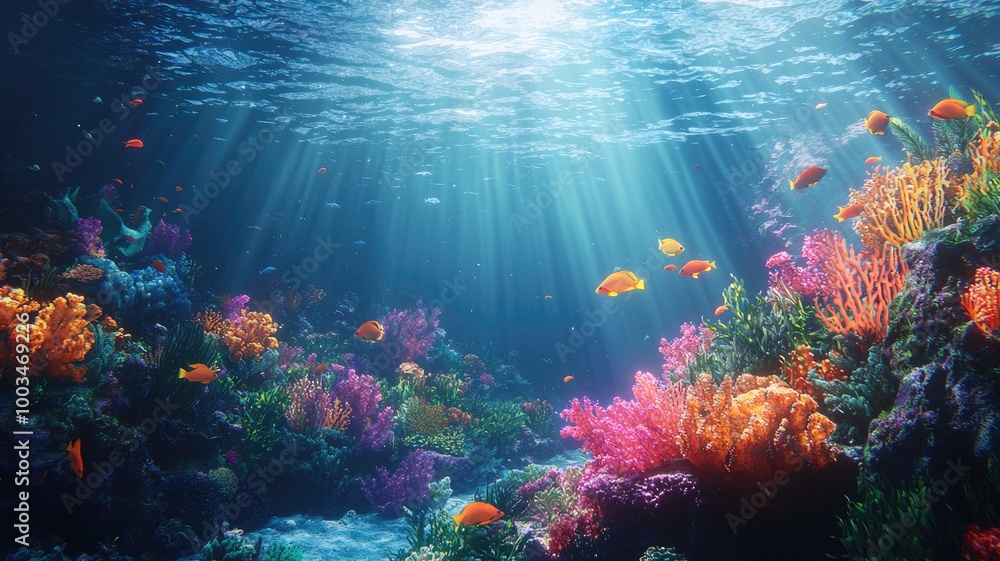 Naklejka premium Underwater Scene with Colorful Coral Reef and Fish