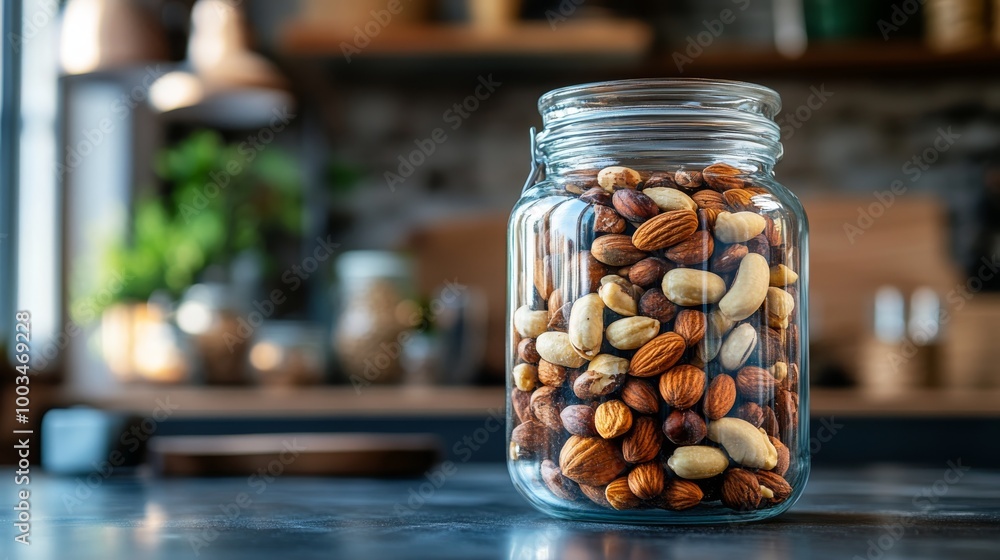 Mixed Nuts in Glass Jar on Kitchen Counter Mixed Nuts in Glass Jar on Kitchen Counter