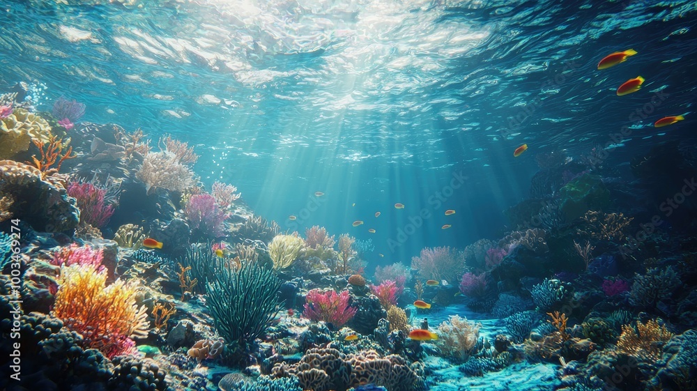Fototapeta premium Sunbeams Illuminating a Vibrant Coral Reef with Fish