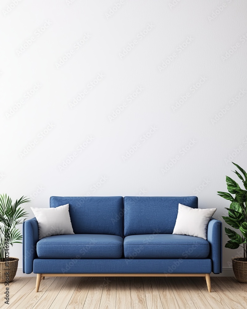 Modern blue sofa with cushions, surrounded by green plants, on wooden floor. Modern blue sofa with cushions, surrounded by green plants, on wooden floor.