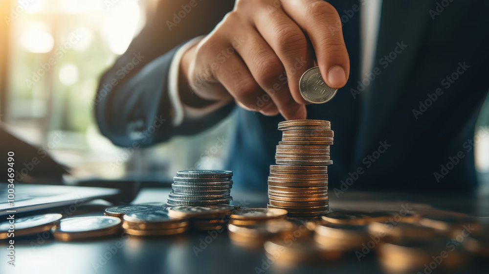 A businessman stacking Bitcoin coins, symbolizing cryptocurrency investment and financial growth in a modern setting A businessman stacking Bitcoin coins, symbolizing cryptocurrency investment and financial growth in a modern setting