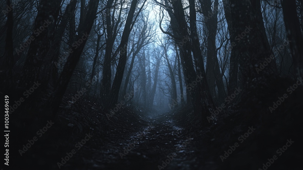 Fototapeta premium A Dark and Foggy Path Through a Dense Forest