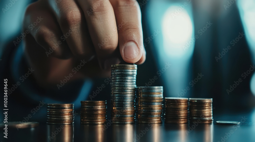A businessman stacking Bitcoin coins, symbolizing cryptocurrency investment and financial growth in a modern setting A businessman stacking Bitcoin coins, symbolizing cryptocurrency investment and financial growth in a modern setting