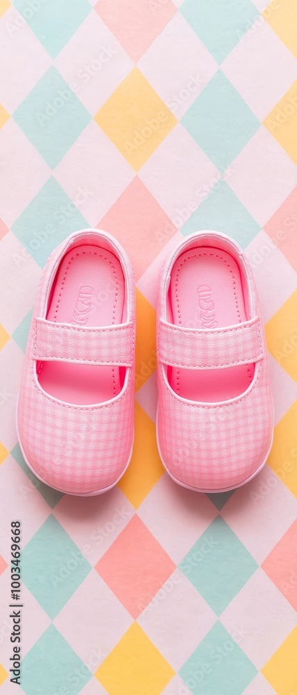 Pink baby shoes on a colorful geometric background, perfect for children's fashion. Pink baby shoes on a colorful geometric background, perfect for children's fashion.