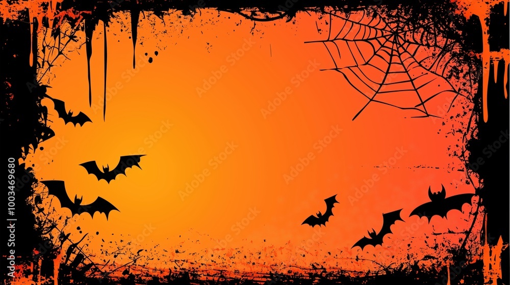 High contrast orange Halloween background with intricate spider web and flying bats along the borders, creating an eerie atmosphere. The central area provides ample space for customizable text, making High contrast orange Halloween background with intricate spider web and flying bats along the borders, creating an eerie atmosphere. The central area provides ample space for customizable text, making