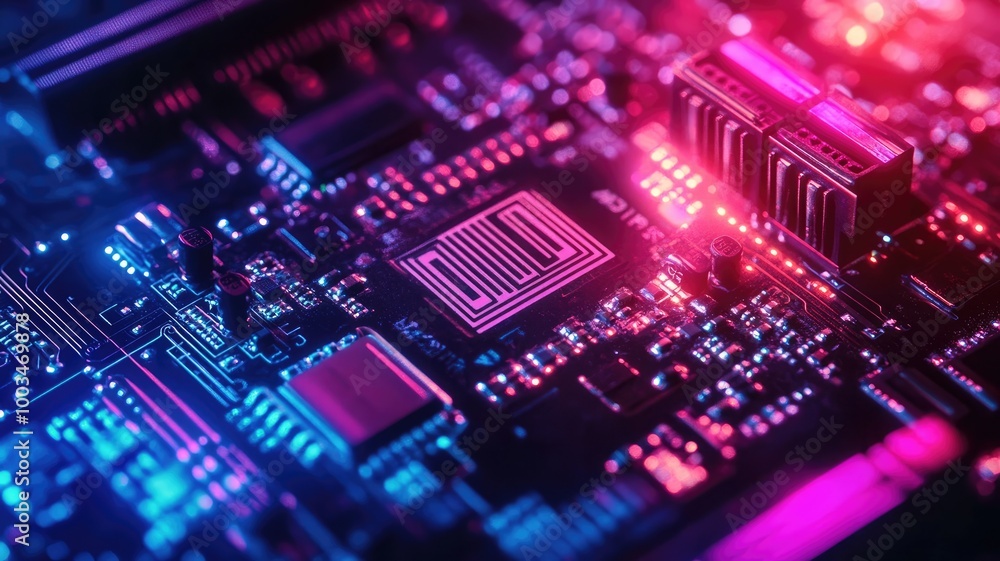 Fototapeta premium Close-up of illuminated electronic circuit board with colorful glowing lights