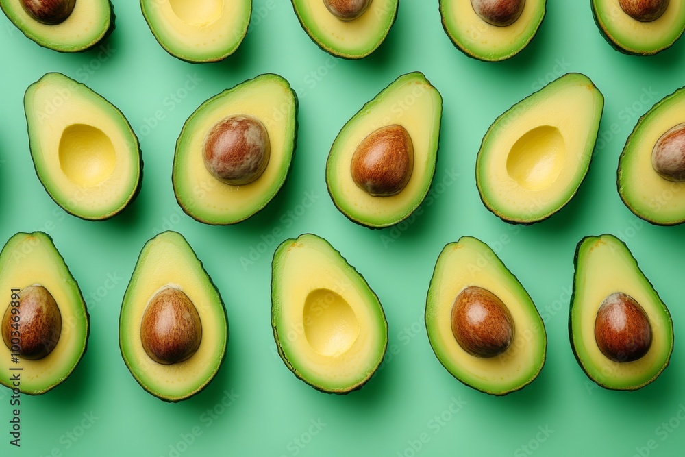 Green Avocado Halves Pattern on Green Background Green Avocado Halves Pattern on Green Background