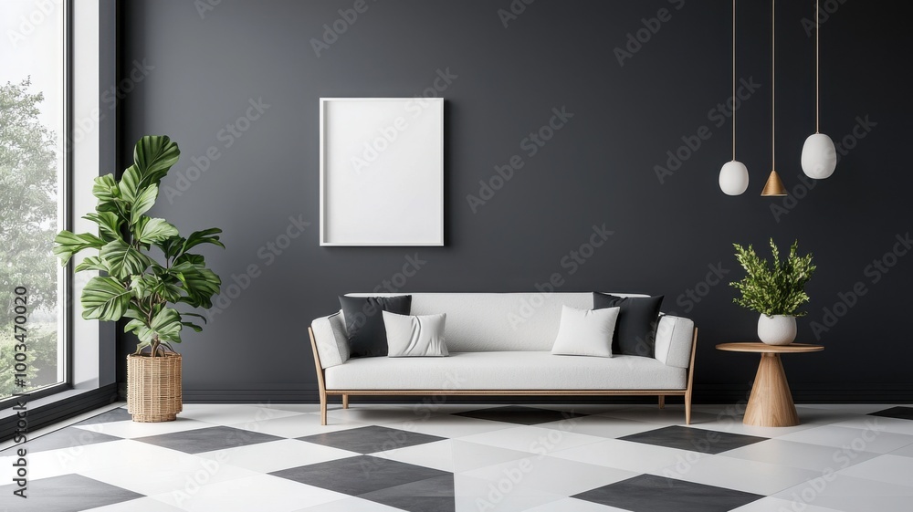 Fototapeta premium Modern living room with a stylish sofa and indoor plants against a dark wall.