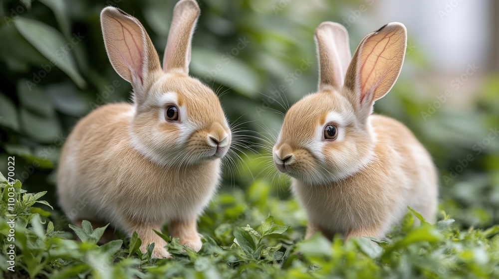 Two cute rabbits sitting on fresh green grass in a vibrant garden setting. Two cute rabbits sitting on fresh green grass in a vibrant garden setting.