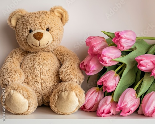 Teddy bear beside pink tulips on a white shelf.