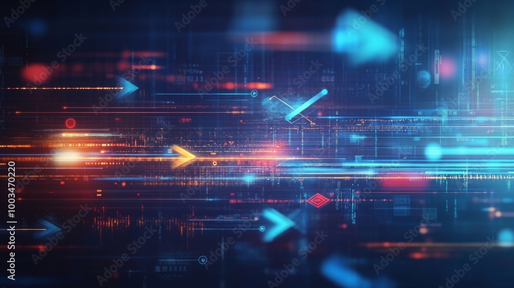 Obraz premium A vibrant abstract composition featuring dynamic lines and arrows in blue and orange hues, suggesting movement and digital technology.
