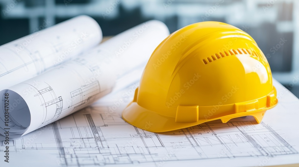 Yellow construction helmet on blueprints, white isolate background. Yellow construction helmet on blueprints, white isolate background.