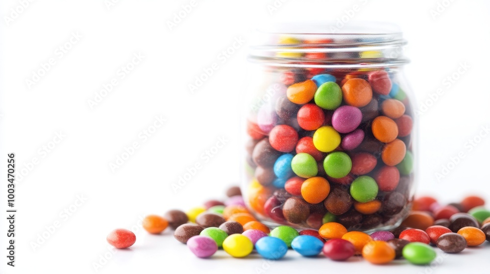 A jar of assorted candies against a clean, white background, providing ample space for adding text or logos. A jar of assorted candies against a clean, white background, providing ample space for adding text or logos.