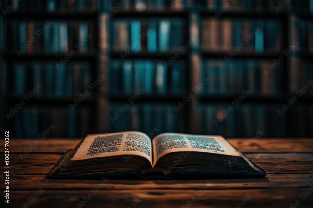 Open Book on Wooden Table Near a Bookshelf Open Book on Wooden Table Near a Bookshelf