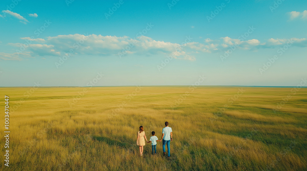 Family walking through open field holding hands under blue sky Family walking through open field holding hands under blue sky