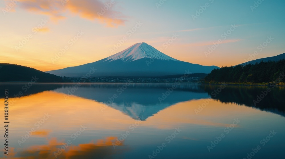 Majestic Sunrise Over Mount Fuji and Reflection in Water Majestic Sunrise Over Mount Fuji and Reflection in Water