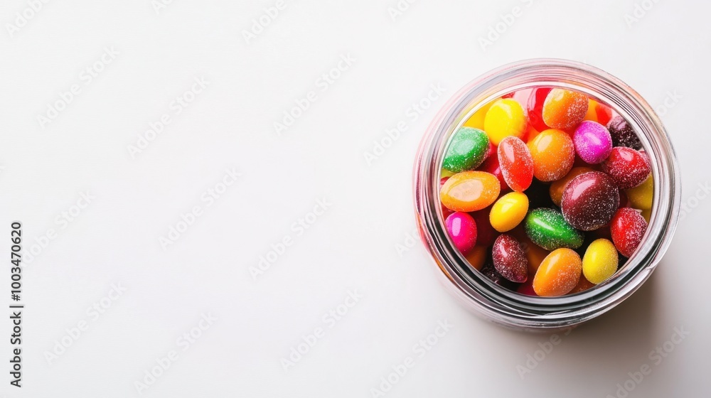 A jar of vibrant candies, set against a clean white background, providing space for text or additional design elements. A jar of vibrant candies, set against a clean white background, providing space for text or additional design elements.