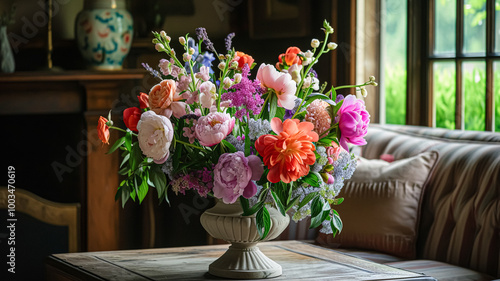 Spring flowers in vintage vase, beautiful floral arrangement, home decor, wedding and florist design