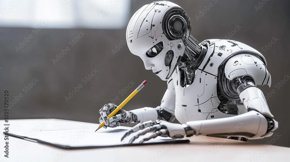 Futuristic robot writing on paper with pencil in office Futuristic robot writing on paper with pencil in office
