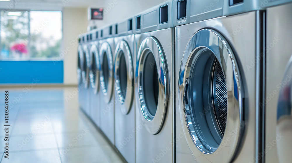 Row of washing machines standing inside public laundromat or laundry room Row of washing machines standing inside public laundromat or laundry room