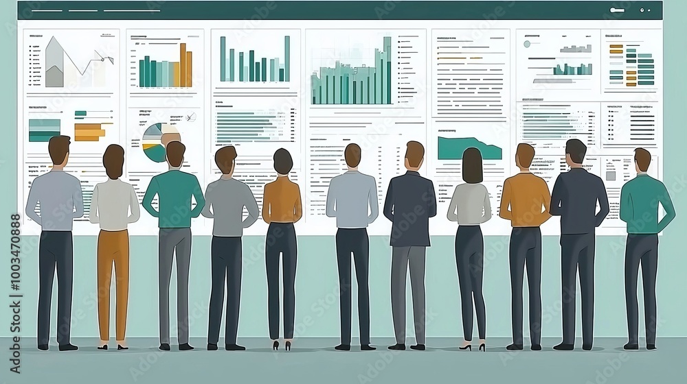 Obraz premium A business team standing in front of a large screen, discussing data and collaborating on a project, with room for text on teamwork. Flat design
